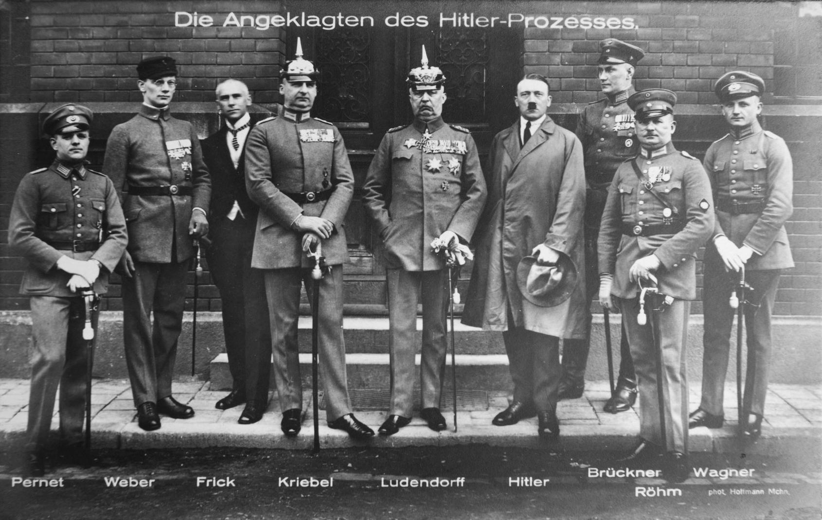 Hitler, Ludendorff, and other defendants pose during their trial after the failed putsch in Munich